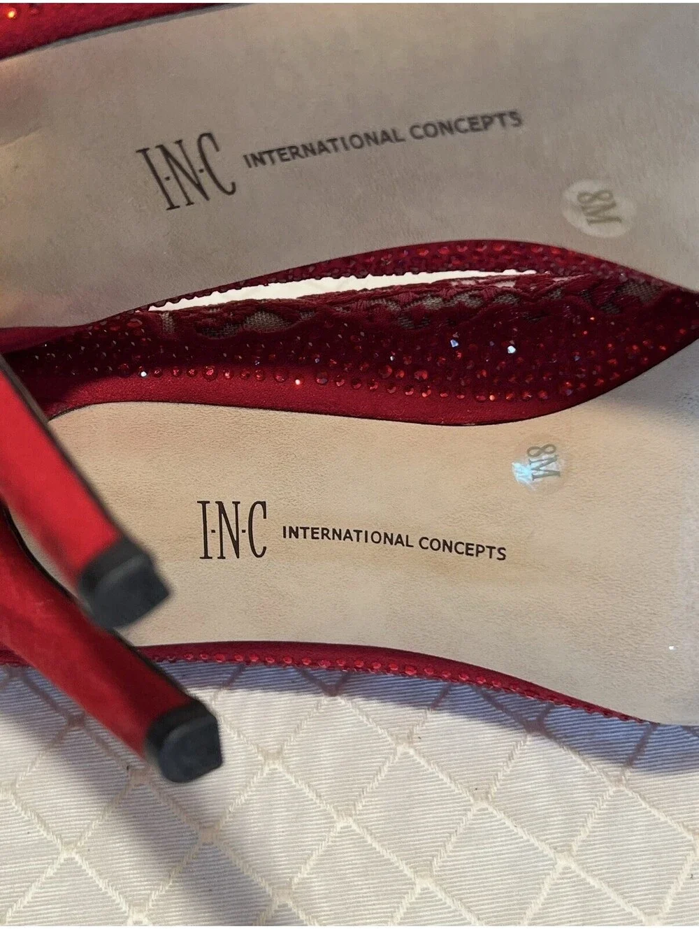 INC Red Lace Rhinestone Pointed Toe Stiletto Heels Size 8
